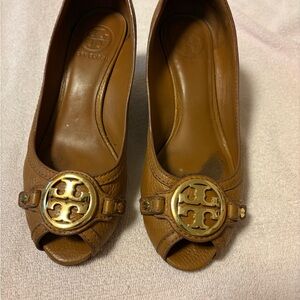 Tory Burch Tan Peep-Toe Heels with Gold Emblem